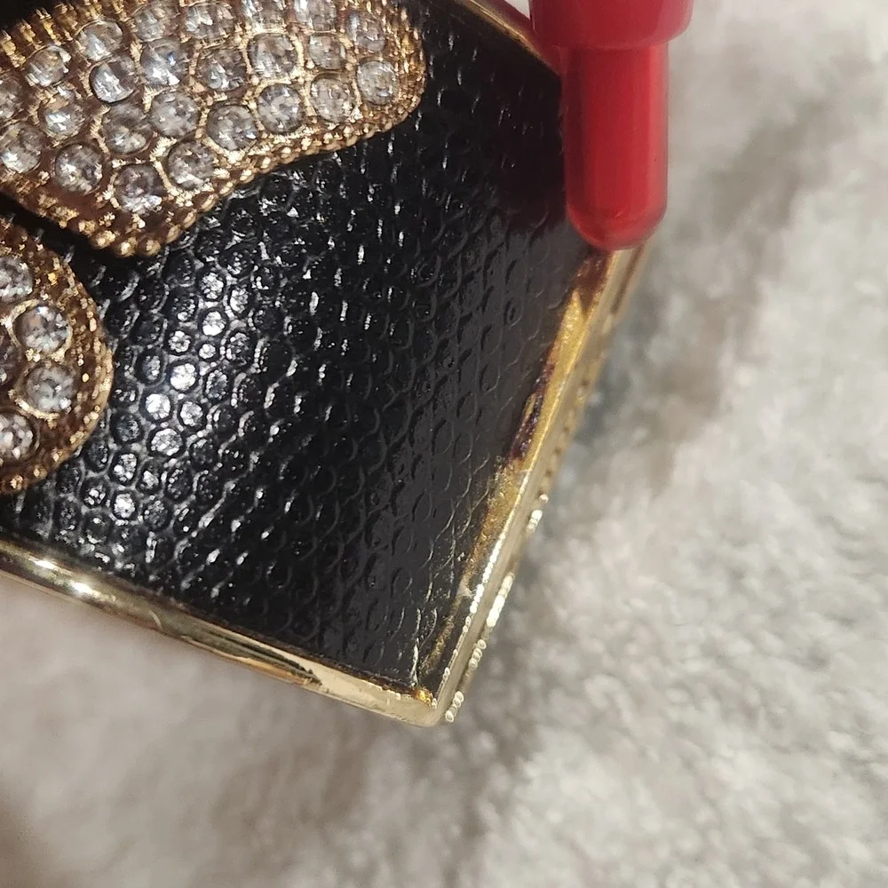 Gold Tone Rhinestone‎ Butterfly Black Faux Leather Inlay Hinge Cuff Bracelet